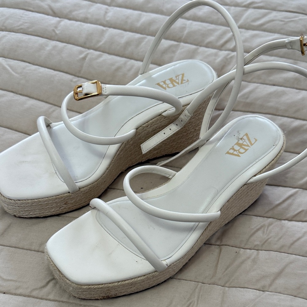 Zara Cream Wedge Sandals with Gold Buckle
